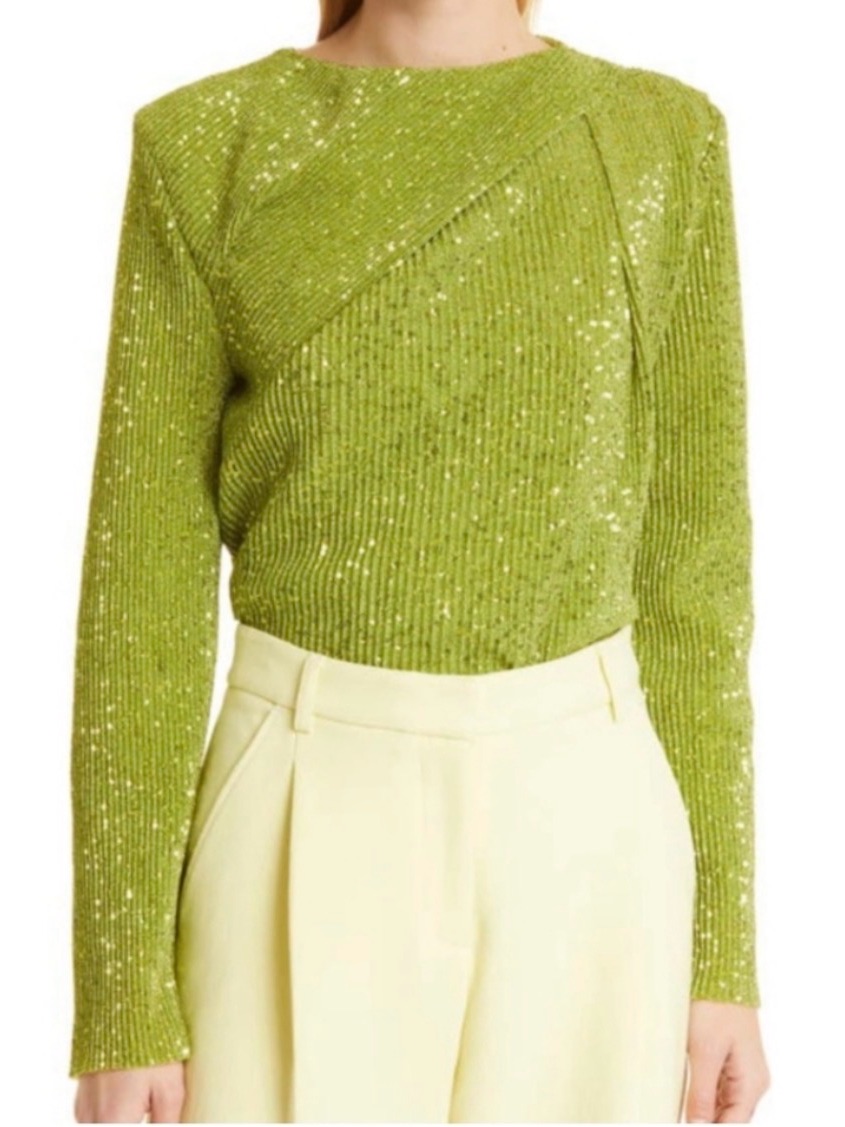 Stine Goya Denise Green Sequin Ribbed Top Long Sleeve Blouse M